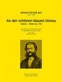 Text: "Johann Strauß jun. An der schönen blauen Donau, Walzer op. 314. Einrichtung für sieben Bratschen von Wolfgang Birtel." Unten ein Bild eines bärtigen Mannes.
