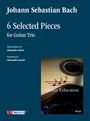 Text: "Johann Sebastian Bach, 6 Selected Pieces for Guitar Trio. Transcription by Alessandro Borin, Fingering by Alessandra Lucci."  
Illustration: Gitarrenmotiv mit Notenlinien.