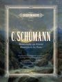 „C. Schumann Meisterwerke am Klavier“ in verziertem Rahmen, mit Landschaftsbild im Hintergrund.
