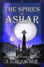 "The Spires of Ashar", "Forked Path Saga: Book I", "J. L. Buescher". Illustration: Türme vor einem lila Himmel mit Monden.