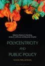 "Polycentricity and Public Policy", Text in Türkis auf schwarzem Hintergrund, mit auffälligen Farbwellen in Orange und Grün oben.