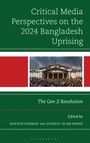 "Critical Media Perspectives on the 2024 Bangladesh Uprising" in Weiß auf Grün. Bild von Menschenmengen auf einem Gebäude.