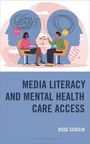 "MEDIA LITERACY AND MENTAL HEALTH CARE ACCESS" von Jesse Scaccia. Zwei Personen unterhalten sich vor Silhouetten.