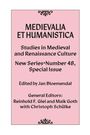 "MEDIEVALIA ET HUMANISTICA" auf rosa Hintergrund mit dekorativen Ornamenten oben und unten.