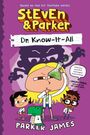 "StEvEn & Parker", Dr. Know-It-All. Cartoonfiguren: Ein Junge mit Reagenzglas, zwei Kinder, ein Dinosaurier.