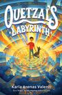 Text: "Quetza's Labyrinth. Karla Arenas Valenti." Ein Junge mit rotem Shirt und ein Hund in einem leuchtenden, mystischen Labyrinth.