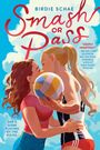 „Smash or Pass“ in rot vor blauem Himmel. Illustration von zwei sich küssenden Frauen mit Volleyball.