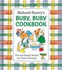 "Richard Scarry's Busy, Busy Cookbook" oben. Zwei Tiere kochen, eines hält eine "MILK"-Flasche. Bunte karierte Ränder.