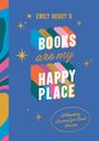 "EMILY HENRY'S BOOKS are my HAPPY PLACE" in bunten, blockartigen Buchstaben auf blauem Hintergrund mit Sternen.