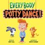 EVERYBODY POTTY DANCE! Ein Junge und zwei Tiere, ein Hase und eine Katze, schauen besorgt. Fröhliches, farbenfrohes Design.