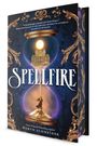 „SPELLFIRE“ steht in großen Buchstaben. Darunter eine Sanduhr mit einem Schloss und einem tanzenden Paar.