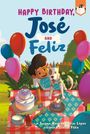 "Happy Birthday, José and Feliz" steht oben. Ein Junge und ein Hund feiern mit Kuchen und Luftballons im Garten.