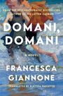 „DOMANI, DOMANI“ oben in Weiß. Malerische Darstellung von Menschen am Strand. Autor: Francesca Giannone.