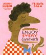 Text: "Enjoy Every Sandwich". Illustration: Person is im Profil, beißt in ein Sandwich. Hintergrund rosa.