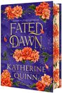 "Fated Dawn" von Katherine Quinn. Violetter Hintergrund mit orangen Blumen und goldener Schrift, dekorative Ranken.