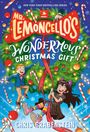 "Mr. Lemoncello's Wonderous Christmas Gift" steht auf einem festlichen Hintergrund mit weihnachtlichen Elementen.