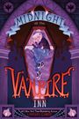 Text: "MIDNIGHT AT THE VAMPIRE INN." Illustration: Blondes Kind in violettem Sarg, Fledermaus-Symbol oben.