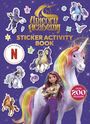„Unicorn Academy Sticker Activity Book.“ Mehrere Einhörner, Mädchen und Aufkleber auf lila Hintergrund. Logo einer Serie.