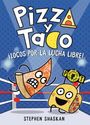 "Pizza y Taco ¡Locos por la Lucha Libre!" Illustration: Eine Pizza und ein Taco in einem Wrestling-Ring, fröhlich kämpfend.