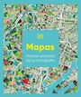 Text: "Mapas. Historia anotada de la cartografía". Buntes, detailliertes Stadtplan-Muster im Hintergrund.