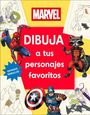 „Dibuja a tus personajes favoritos“, Marvel-Logo oben. Spiderman, Rocket und Captain America in illustrativem Stil.