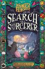 "Youngest Faircrest and the Search for a Sorcerer" Illustration: Kind, Schwein, mystische Landschaft, bunte Ränder, magische Symbole.