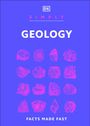„SIMPLY GEOLOGY. FACTS MADE FAST.“ zeigt gezeichnete Fossilien und Mineralien auf einem lila Hintergrund mit DK-Logo.