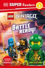 "Battle Ready! Level 2. Reading is my superpower." LEGO Ninjago-Figuren in Kampfpose mit Schwertern. Drachen im Hintergrund.