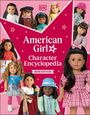 "American Girl Character Encyclopedia" auf pinkem Hintergrund mit verschiedenen Puppen in bunter Kleidung.