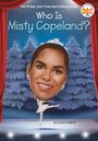 Who Is Misty Copeland? Illustration einer Tänzerin auf Bühne mit großem Porträtkopf, verschneite Bäume im Hintergrund.