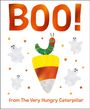 Text: "BOO!" und "from The Very Hungry Caterpillar". Eine grüne Raupe, Geister und ein großes Candy Corn.