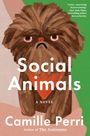 „Social Animals“ von Camille Perri. Illustration eines mürrischen Hundes mit braunem Fell vor grünem Hintergrund.