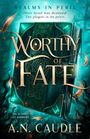 "Worthy of Fate" steht in großen Buchstaben auf einem verzierten, leuchtenden Buch. Federn schweben umher.