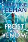 Titel: "Frost and Venom". Eine Frau mit roten Haaren steht vor einem See, umgeben von gefrorenen Mustern.