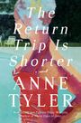 "The Return Trip Is Shorter," ein Roman von Anne Tyler. Bunter Stil zeigt eine Person in Badekleidung am Pool.