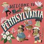 "Welcome to Pennsylvania." Eine Illustration mit spielerischen Figuren: ein Junge, ein Tier mit Hut, ein Reh, eine Glocke und Blüten.
