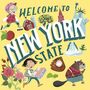 Text: "WELCOME TO NEW YORK STATE". Illustration mit Symbolen von New York: Freiheitsstatue, Baseball-Handschuh, Pizza, Biber.