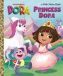 „Princess Dora“. Ein Cartoon-Mädchen in einem rosa Kleid mit Krone, begleitet von einem Affen und einem Einhorn vor einem Schloss.