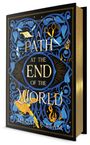 Buchtitel: "A Path at the End of the World" von Megan E. Beam. Verschnörkelte blaue Muster mit goldenen Details, wie eine Illustration.