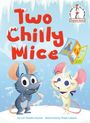 "Two Chilly Mice" in roten Buchstaben. Ein blauer und ein weißer Maus zittern im Schnee; eine Karte zeigt sonnige Orte.