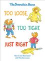 "TOO LOOSE, TOO TIGHT, JUST RIGHT" in bunten Buchstaben. Illustrationen von Bären in unterschiedlich passender Kleidung.