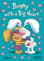 "Bunny with a Big Heart". Ein weißer Hase umarmt eine gelbe Katze. Beide halten einen Brief mit Herz. Herzen als Dekor.