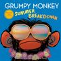 „GRUMPY MONKEY SUMMER BREAKDOWN“ steht mit gelben und weißen Buchstaben auf Blau. Ein Affe mit Sonnenbrille und Blumenkranz.