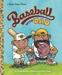 „Baseball with Dad“ in großen Buchstaben. Vater und Kind spielen Baseball im Cartoon-Stil. Fröhliche Szene.