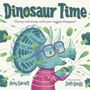 "Dinosaur Time. Chomp and stomp until your veggies disappear!" Ein cartoonartiger Dinosaurier mit Brille und buntem Pulli.