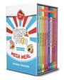 "Pizza and Taco: Books 1-10, Boxed Set, Mega Meal. Bunte Buchrücken mit Zahlen 1-10. Cartoon-Häppchen mit Gesichtern."