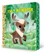 „I'M A REINDEER“ in gelber Schrift. Illustration eines fröhlichen Rentiers im Wald mit gelbem Buchrücken.