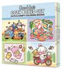 "Coco Wyo's Cozy Boxed Set" oben. Vier niedliche Illustrationen mit Tieren beim Autofahren, Lesen und Motorradausflug.