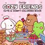 "Cozy Friends: Cute & Comfy Coloring Book" über vier cartoonartige Tiere an einem Tisch mit Spielen und Snacks.