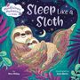 "Mindfulness Moments for Kids. Sleep Like a Sloth." Zwei lächelnde Faultiere in einer bunten, grünen Umgebung mit Sternen.